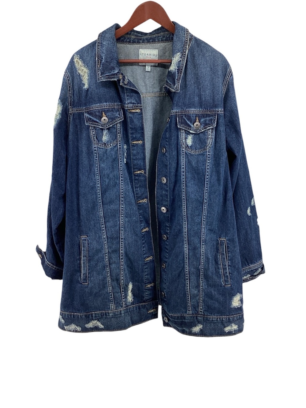 🦋 Torrid Dark Blue Distressed Denim Jacket, Size 3XL